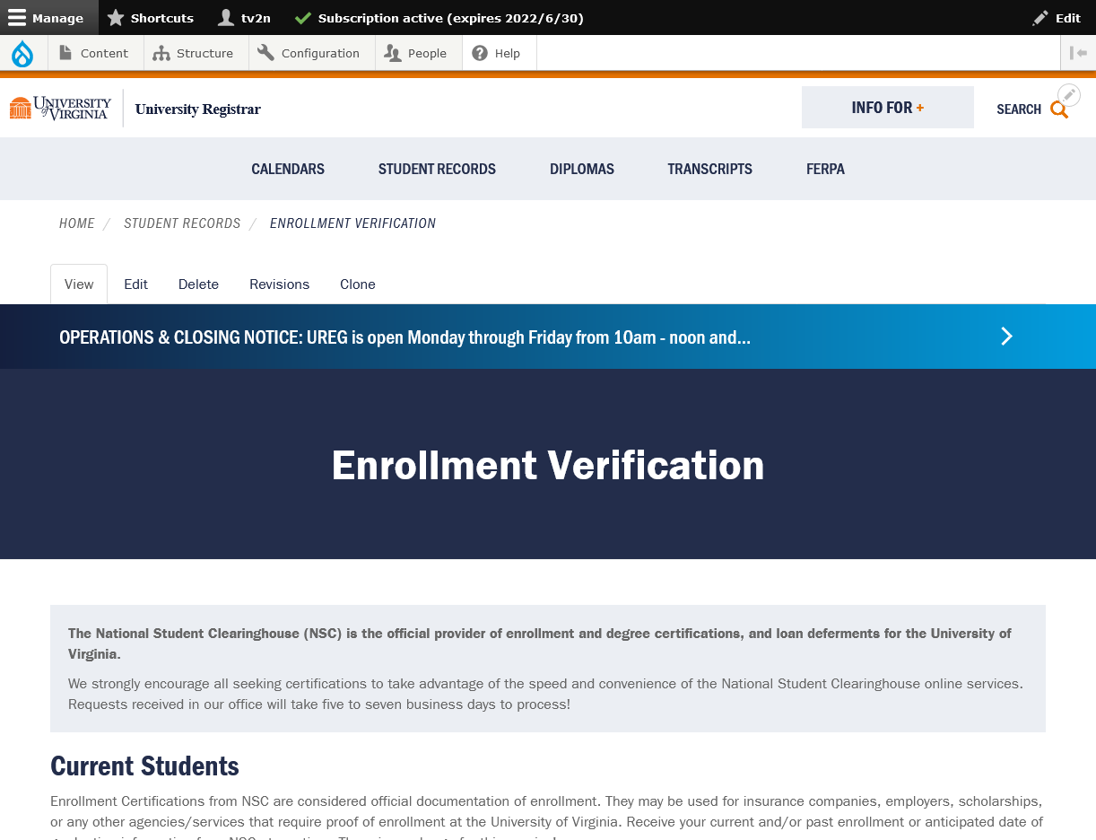 Enrollment Verification, University Registrar